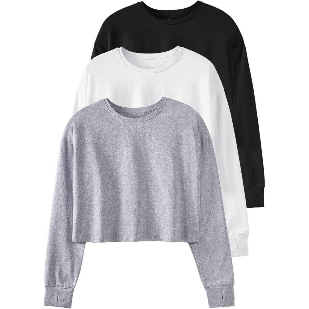 Women’s Long Sleeve Cotton Crop Top With Thumb Hole For Workout And Casual Wear